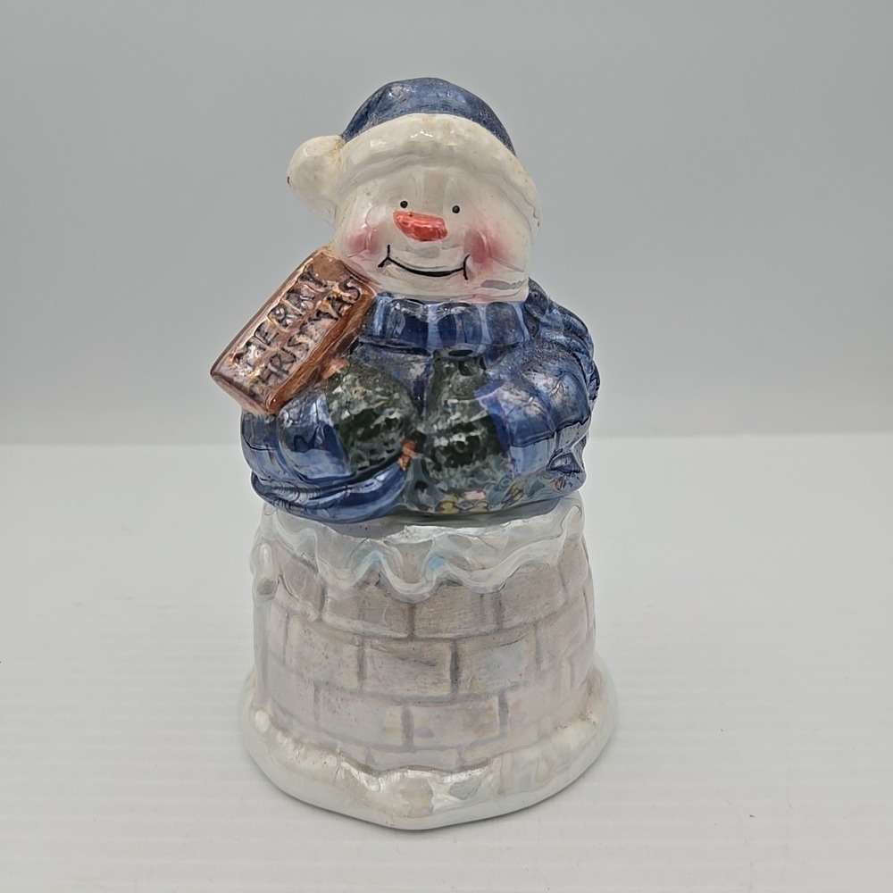 Ceramic Merry Christmas Snowman on Igloo Salt and Pepper Shaker Set 2 Pc Blue
